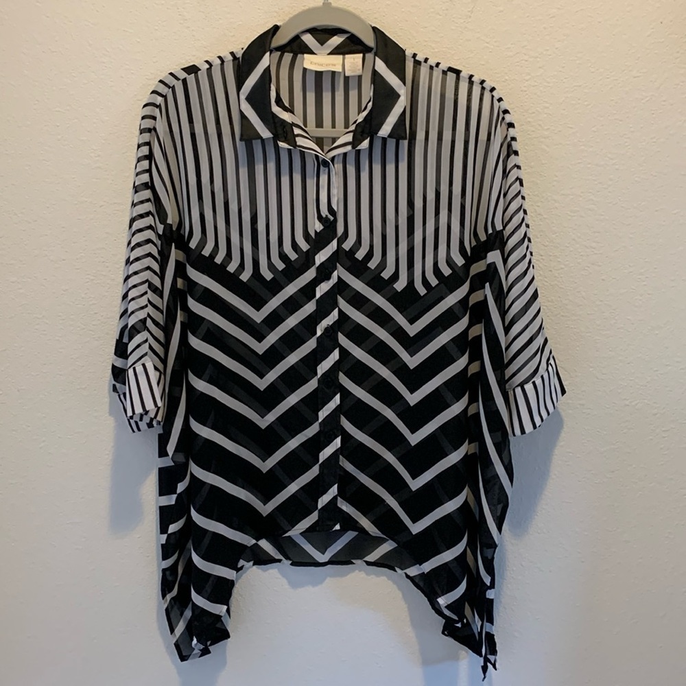 Chico’s Womens Sheer Top with Shark Bite Hemline. Colors are black gray&white.1.